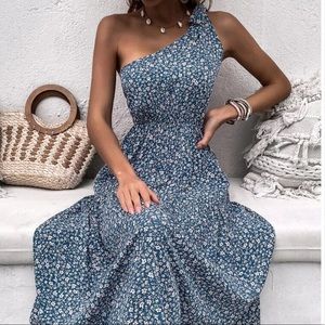SHEIN Blue Floral One Shoulder Dress